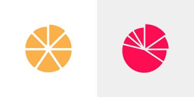 Two pie charts, one orange and one red, are placed on a light gray background. The orange pie chart is divided into 8 even segments, while the red one has irregular parts.