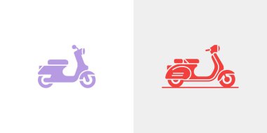 Image shows side-view vector icons of classic scooters in lilac and red against light gray backgrounds, offering a minimalist, vintage transportation aesthetic.