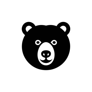 Features a minimalist black and white vector illustration of a cartoon bear head with a simple, clean design. Its face is white, set against a black background.