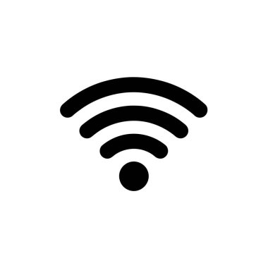 Simgesel bir illüstrasyon, siyaha boyanmış kablosuz internet sembolünü temiz beyaz bir zemine karşı sunar. Tasarım minimalist, temiz çizgiler, alttaki nokta ve kıvrımlı sinyal yayları var..