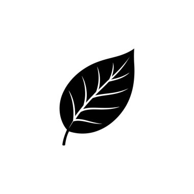 A minimalist black and white vector illustration of a single leaf, featuring a visible stem and a clear depiction of the leaf's veins against a white backdrop.