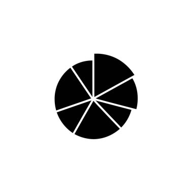 Minimalist black pie chart split into seven unequal portions. Represents statistical data visualization for business reports and presentations. Vector graphic on white background.