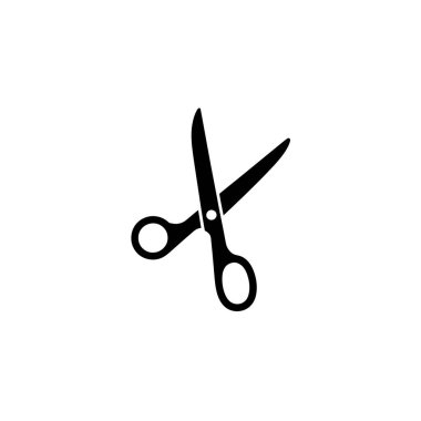 This image presents a clear, minimalist design of black scissors isolated against a plain white backdrop. The crisp lines emphasize the tool's shape and function.