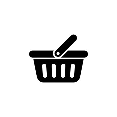 A minimalist, black and white vector graphic of a shopping basket with a rounded handle. The basket features vertical ventilation slits for a clean design.