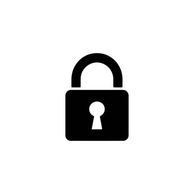 Black minimalist graphic features a simple closed padlock with a keyhole. A conceptual symbol for security, protection, safety, and privacy. Vector icon illustration on white.