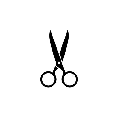 Isolated image shows a simple black silhouette of open scissors against a white background. The scissor blades are open and the handle holes are circular.