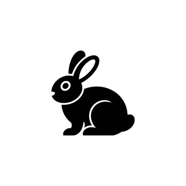 Isolated vector rendering shows the side profile of a rabbit with long ears, a round eye, and a small tail, depicted in solid black color.