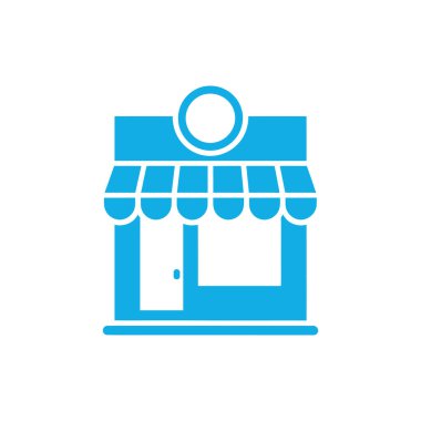 Stylized, simplistic light blue shop icon featuring an awning, door, and window. A graphic representing a local business or retail establishment.