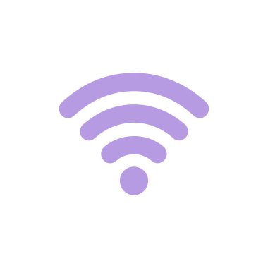 A cleanly isolated light purple WiFi symbol, comprising three curved lines and a circular base, set against a pure white background representing wireless connectivity.