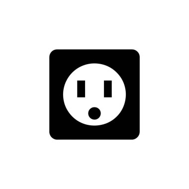 This image features a simplistic black square electrical outlet icon with a white socket shape on a transparent backdrop. It is clean and vector-based.