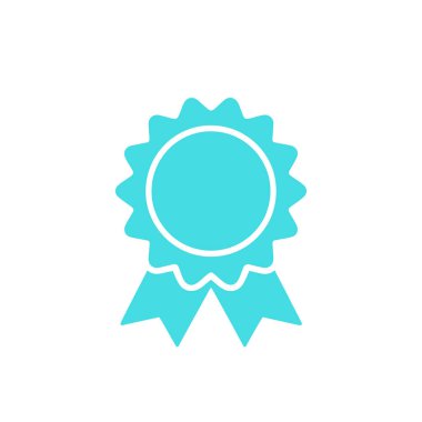 Isolated on white background, a simple teal achievement badge icon with a ribbon and spiked circle around a central solid circle is shown.