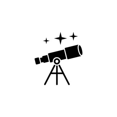 Black and white silhouette image shows a telescope on a tripod, three stars above it suggesting space exploration, science, astronomy, or celestial observation.