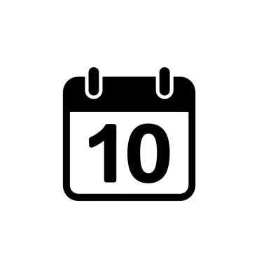 Features a black flat vector calendar icon with the number ten displayed prominently on its page. Clean, simplistic design against a transparent background.