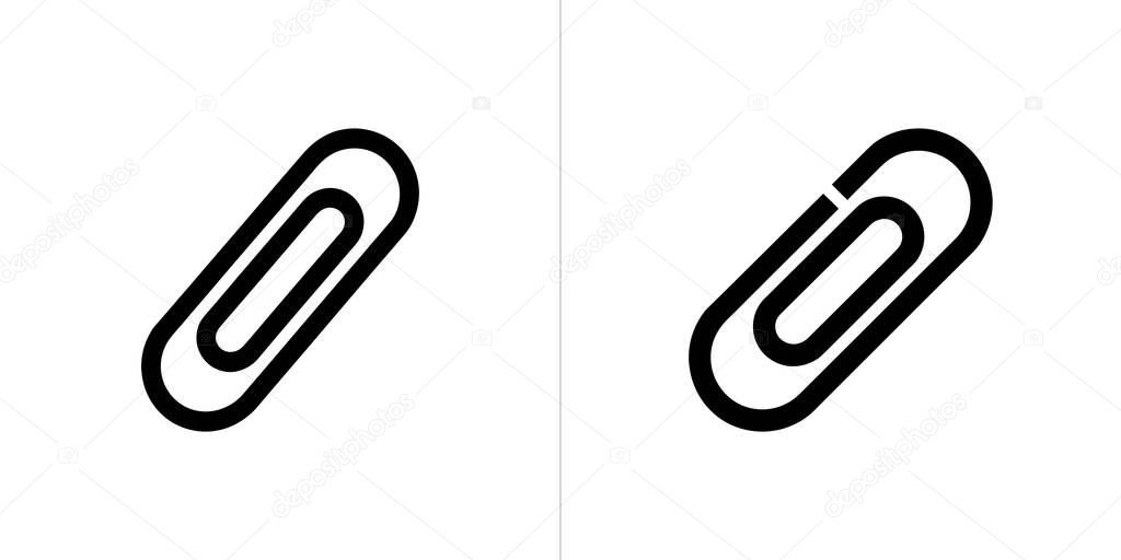 Side-by-side view of two distinctive black paperclip icons against a pristine white backdrop. One paperclip shows a separation, adding a unique graphic element.