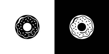 Image showcasing two donut icons. One is black on a white background, while the other is white on a black background. Both are decorated with sprinkles.