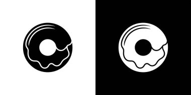 The image displays two donut icons, offering contrasting presentations a black donut with white glaze depicted against a white background, and a white donut with black glaze against a black background.