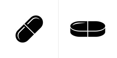 A black capsule and black tablet icons stand out on a clean white background, representing pharmaceutical elements for medical, health, or related concepts.