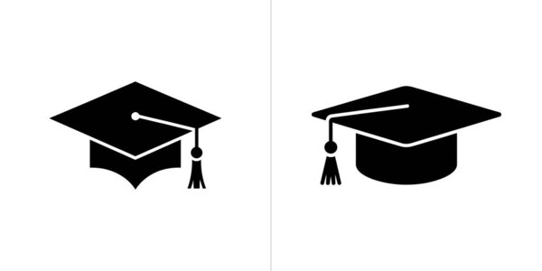 The image shows two black graduation cap icons with tassels on a white background, symbolizing academic achievement, education, and the completion of studies.