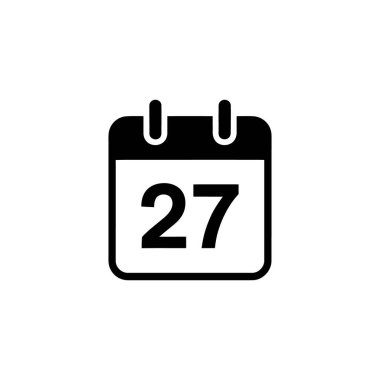 Isolated icon features a calendar with the number 27, rendered as a black silhouette on a clean white background. Symbol of date and event notification.