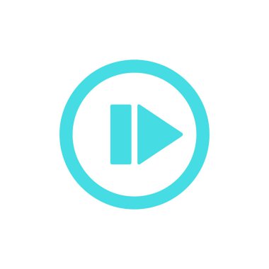 İçinde dikey bir çizgi ve sağ köşeli üçgen sembolü olan su renginde, dairesel bir oynatma tuşu. Grafik, düz beyaz bir arkaplan üzerine kuruludur..