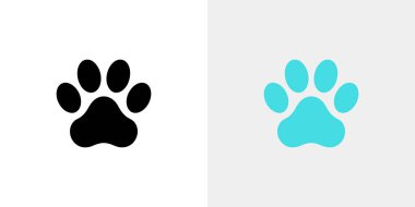 Two minimalist paw print illustrations, one in black and the other in teal, presented against a light gray and white split background, respectively. Vector pet footprint icon.