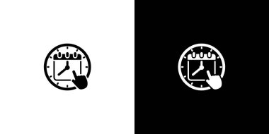 İkili ton illüstrasyonu takvim simgesini saat yüzü ve tarihi gösteren bir elle entegre eder, siyah ve beyaz arkaplan arasında bölünür.