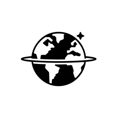 The image is a simple black and white icon featuring a stylized globe with continents, surrounded by a ring, and a star in the upper right quadrant.