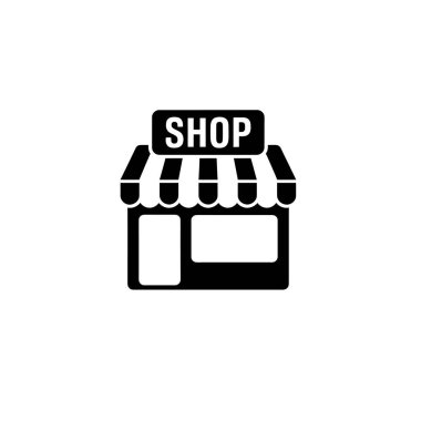 An isolated vector illustration features a simple, black-and-white store icon. Depicted with a classic awning, and labeled with the text SHOP in a bold typeface.