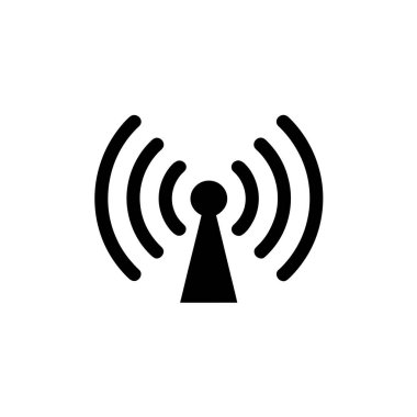 Kablosuz sinyaller yayan, antenden yayılan eşmerkezli kavisli kavisli kavisli kavisler tarafından resmedilen biçimlendirilmiş bir antenin siyah ve beyaz tasviri. Basit bir vektör biçimi çizimi.