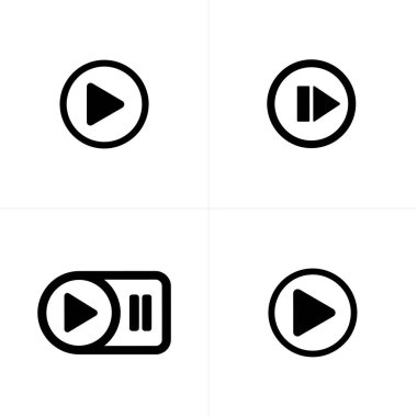 A clean, minimalist image showcases four distinct black icons representing playback controls play button, pause button, a combined play/pause function, on a crisp white background.