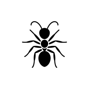 Graphic, simplified depiction of an ant in black against a white background, focusing on its anatomical features such as legs, antennae, and body segments.