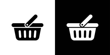 Image displays a simplistic icon of a shopping basket in both black and white versions, against opposing backgrounds for contrast, minimalist design and clarity.