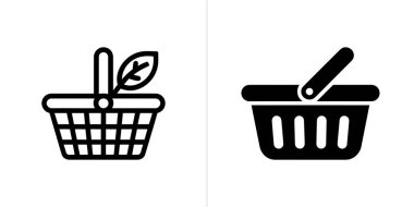 The image showcases two different black and white shopping basket icons. One includes a leaf, representing eco-friendliness. Great for retail or grocery related content.