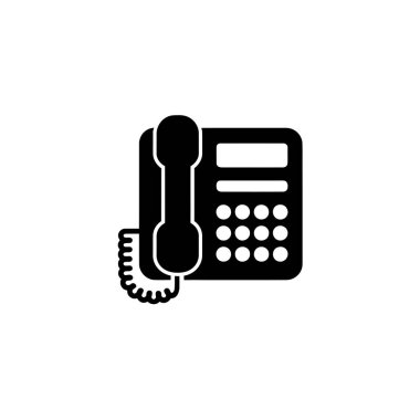 A simplistic black and white silhouette illustration showcases a classic corded desk telephone featuring a handset, push buttons, and coiled cord on a white background.