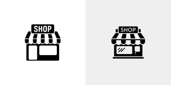 Two stylized black and white shop icons stand side-by-side, featuring striped awnings and modern storefronts. Perfect for visual representations of businesses.