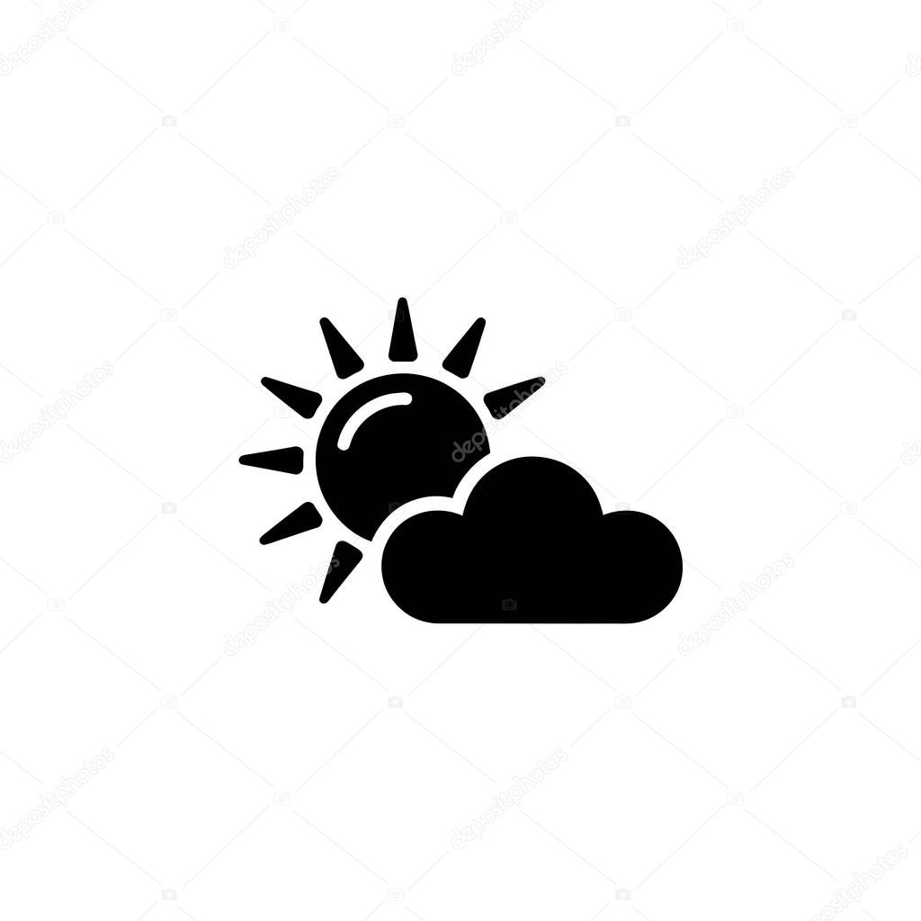 A simple black and white weather icon displays a sun with radiating lines partially covered by a solid, dark cloud, indicating partly cloudy conditions.
