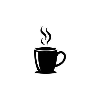 A simple yet effective vector illustration displays a black coffee mug emitting steam, perfect for websites, menus, and social media posts related to beverages.