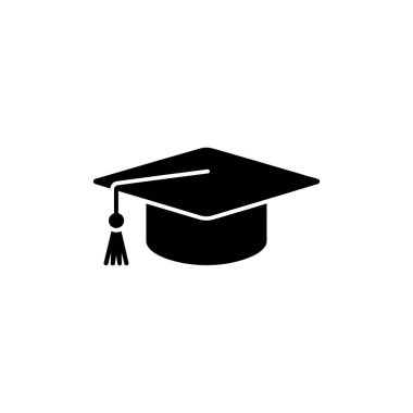 Depicted is a bold black graduation cap icon with a tassel, symbolizing academic achievement and the completion of formal education, set against a clean white background.