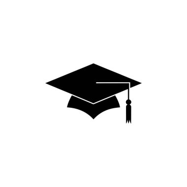 Image shows a solid black graduation cap icon with a tassel hanging down. Symbolizes education, academic achievement, graduation day, and success for graduates.
