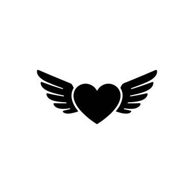 Graphic depiction of a black heart with stylized angel wings extending from its sides, conveying themes of love, freedom, and transcendence in a simple vector form.