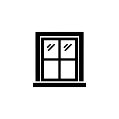 Simplified illustration showcases a black window frame containing four panes, detailed with diagonal line reflections on each, and a window sill design.