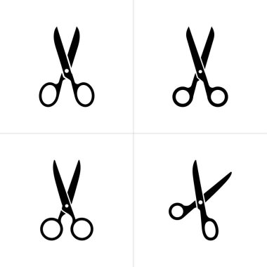 Bu grafik, parlak beyaz bir arkaplan karşısında bir ızgara düzeninde düzenlenmiş dört siyah makas simgesini içerir, temiz ve minimalist bir illüstrasyon oluşturur.