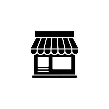 Black minimalist vector graphic of a shopfront. Features a simple building facade with two window displays and a striped awning covering the entrance for retail businesses.