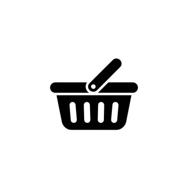 A minimalist black shopping basket icon with a handle. The image showcases a simple, elegant retail symbol. Ideal for website design or shopping app.