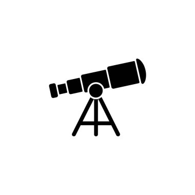 A black silhouette image displays a refractor telescope mounted on a tripod, designed for stargazing and astronomical observation, against a white backdrop.
