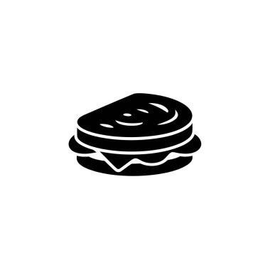 A black silhouette vector icon showcases a simple yet visually appealing sandwich illustration. It features two bread slices with filling peeking out. Vector icon.