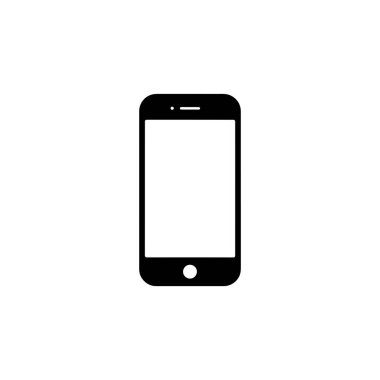 This vector image shows a simple, flat black smartphone icon. It features a rounded rectangle shape, a white screen, and a single circular button.