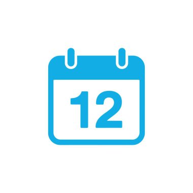 Depicts a clear blue calendar icon, featuring the number 12 prominently displayed. Rendered in a flat style against a stark white background.