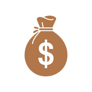 Isolated graphic illustration displaying a filled brown money bag with white dollar sign, drawn shut with a visible tie, all set against a clean white backdrop.