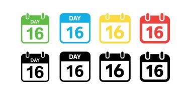 Parlak yeşil, mavi, sarı, kırmızı ve tek renkli siyah sürümlü sekiz takvim simgesi, tarihi işaretlemek için çeşitli görsel biçimler sunar.